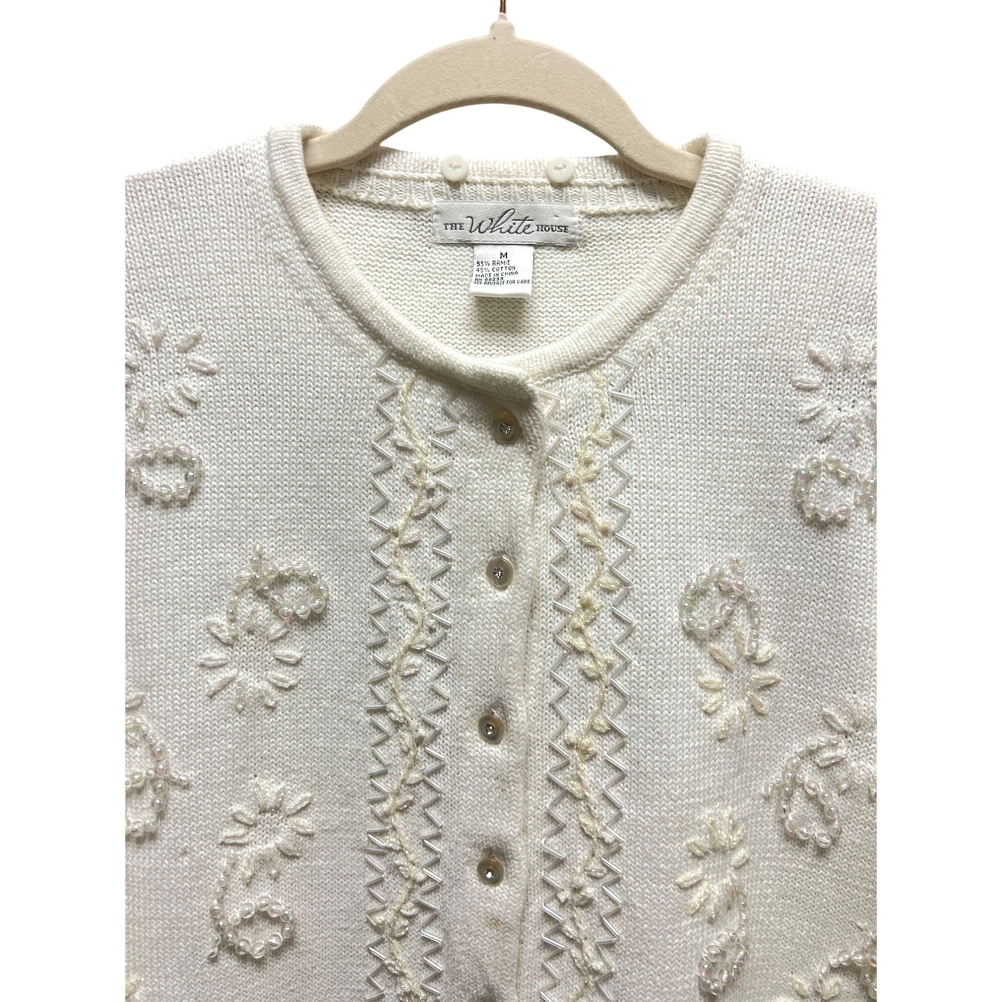 The White House Vintage 80's 90's White Beaded Button Down Cardigan