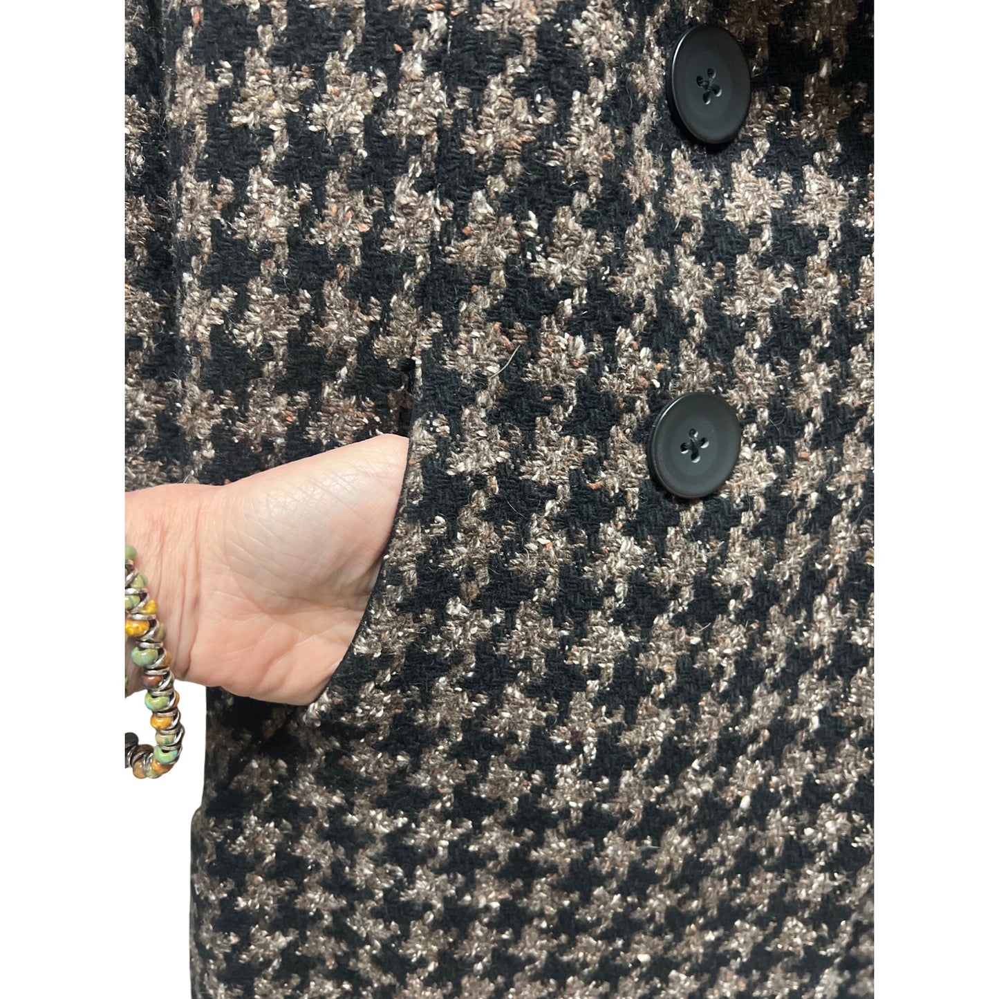 Apropos Black and Brown Wool Silk Blend Courtenay Houndstooth Double Breasted Coat