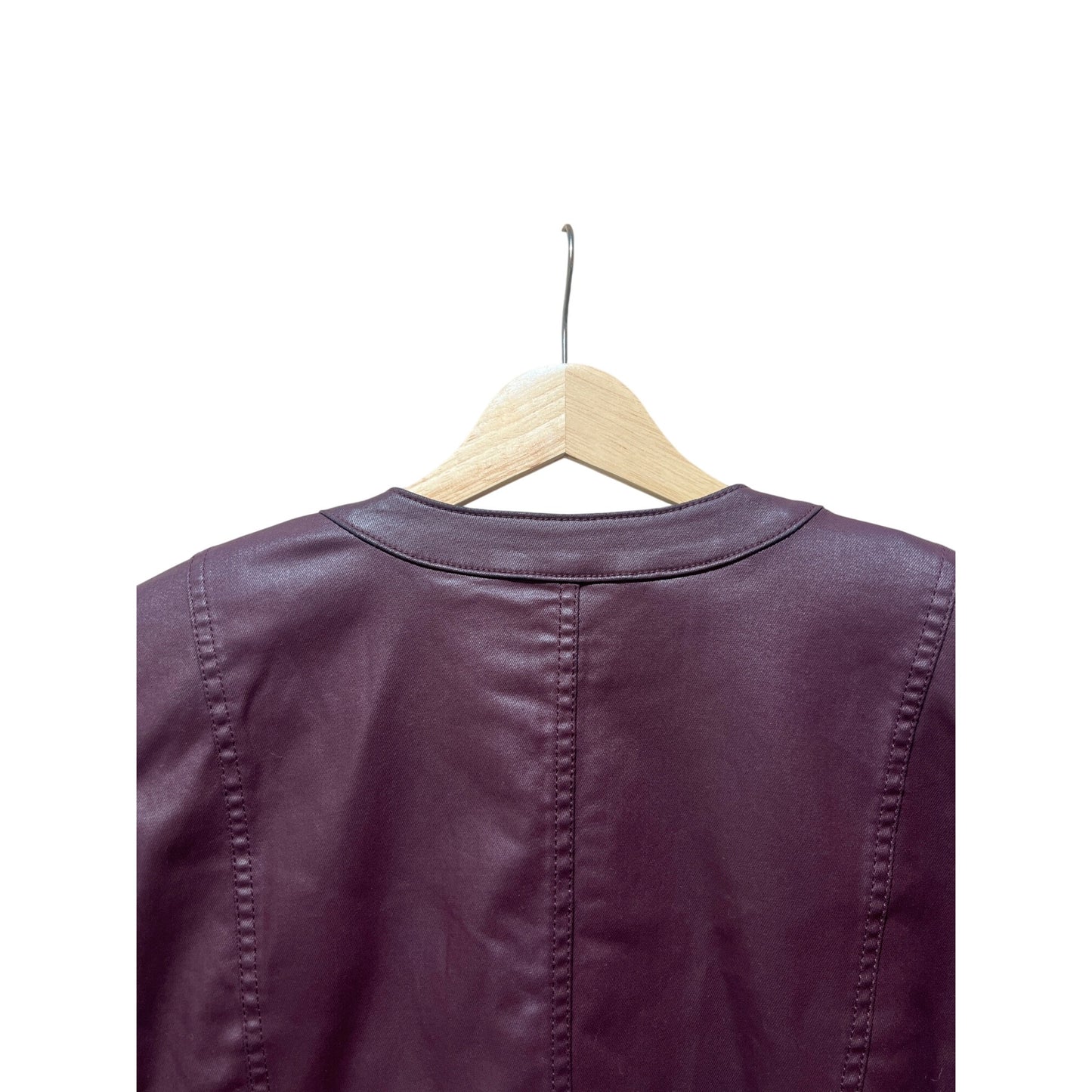 White House Black Market Burgundy Coated Stylist Jacket With Gold Accents Size 10 Zip Front Long Sleeves Modal Blend