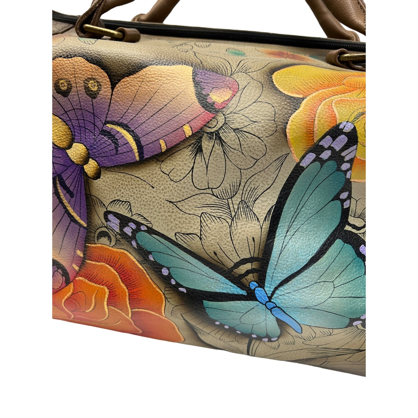 Anuschka Large Leather Hand Painted Butterfly Satchel Duffle Bag