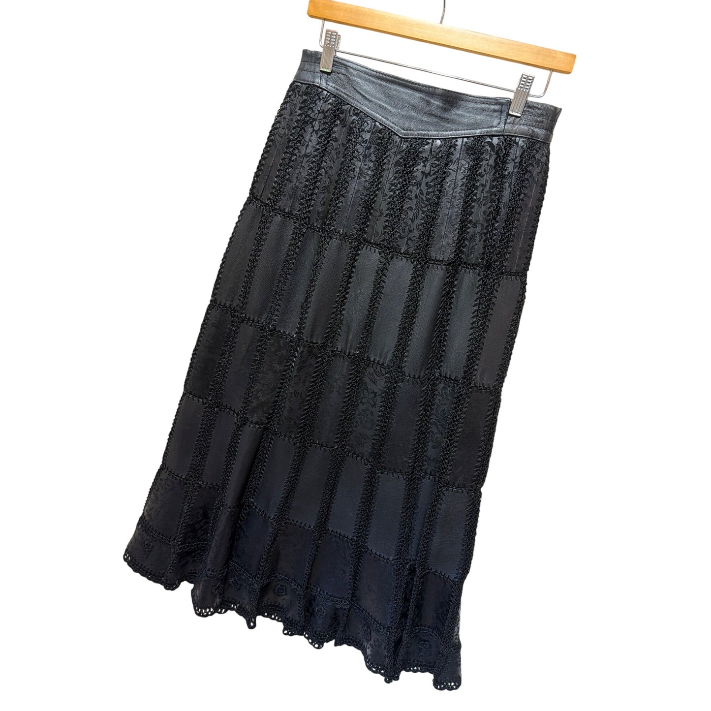European Artisan Handcrafted Black Leather & Floral Crochet Lace Patchwork A-Line Vintage 80's Midi Skirt