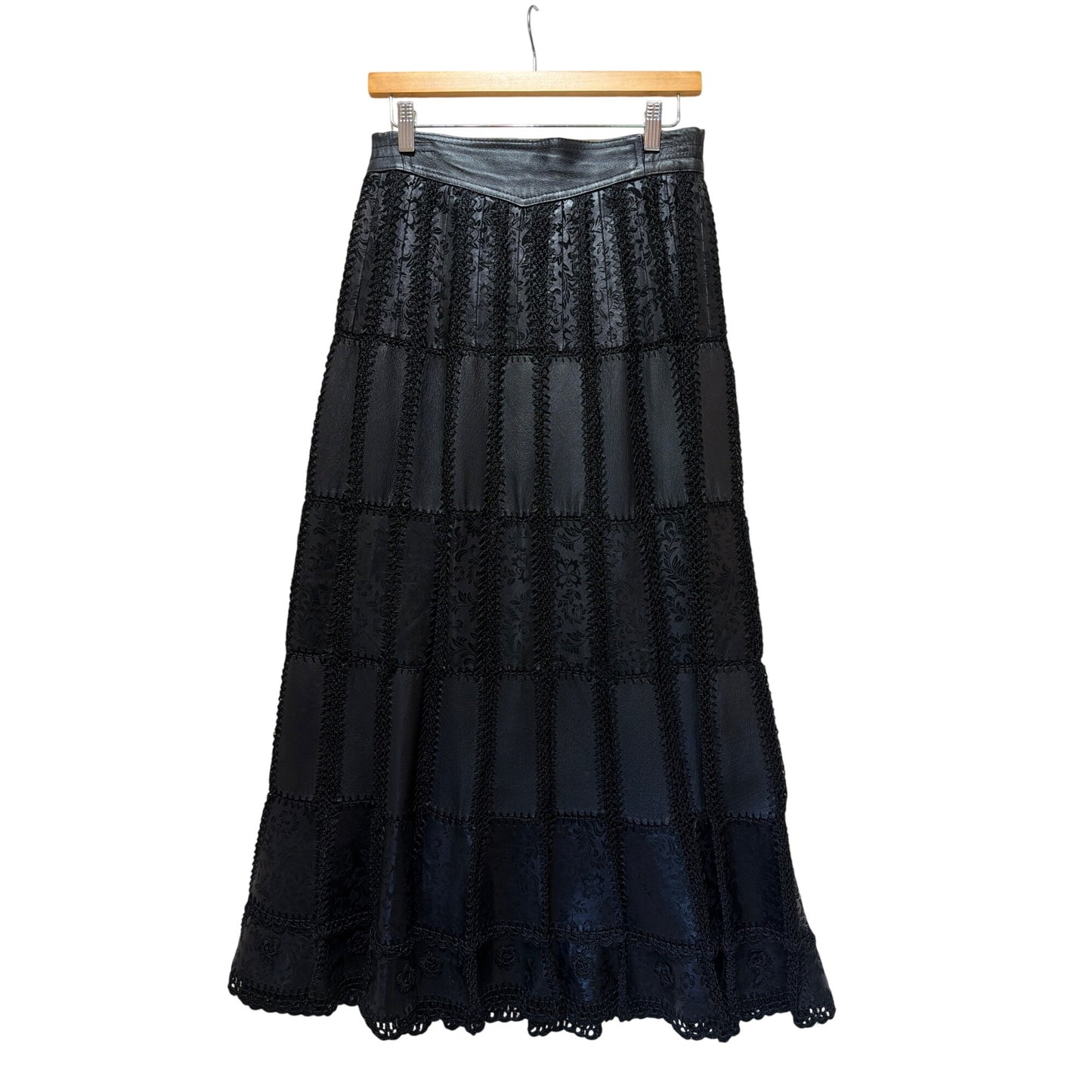 European Artisan Handcrafted Black Leather & Floral Crochet Lace Patchwork A-Line Vintage 80's Midi Skirt