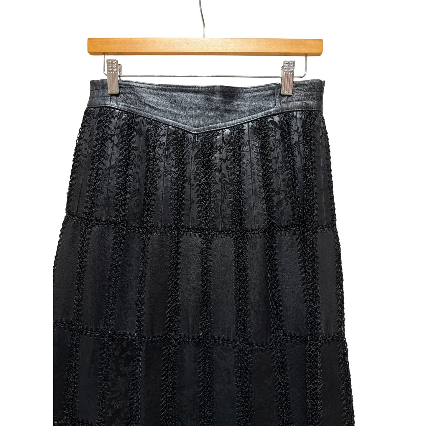 European Artisan Handcrafted Black Leather & Floral Crochet Lace Patchwork A-Line Vintage 80's Midi Skirt