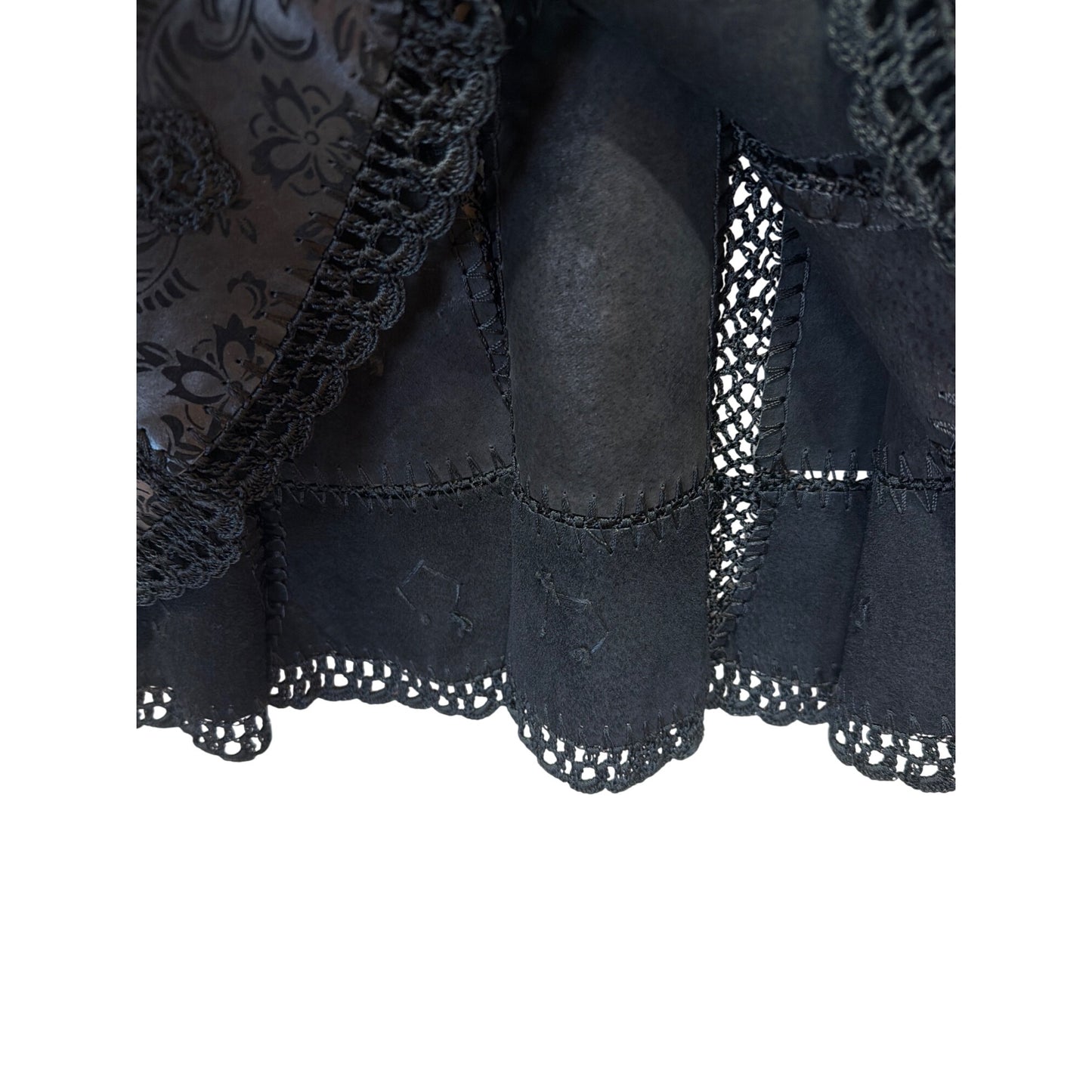 European Artisan Handcrafted Black Leather & Floral Crochet Lace Patchwork A-Line Vintage 80's Midi Skirt