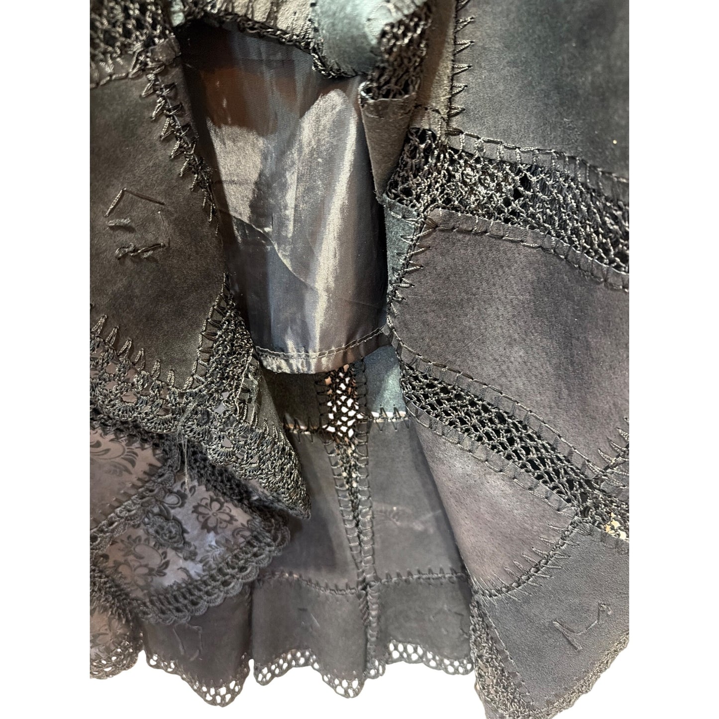 European Artisan Handcrafted Black Leather & Floral Crochet Lace Patchwork A-Line Vintage 80's Midi Skirt