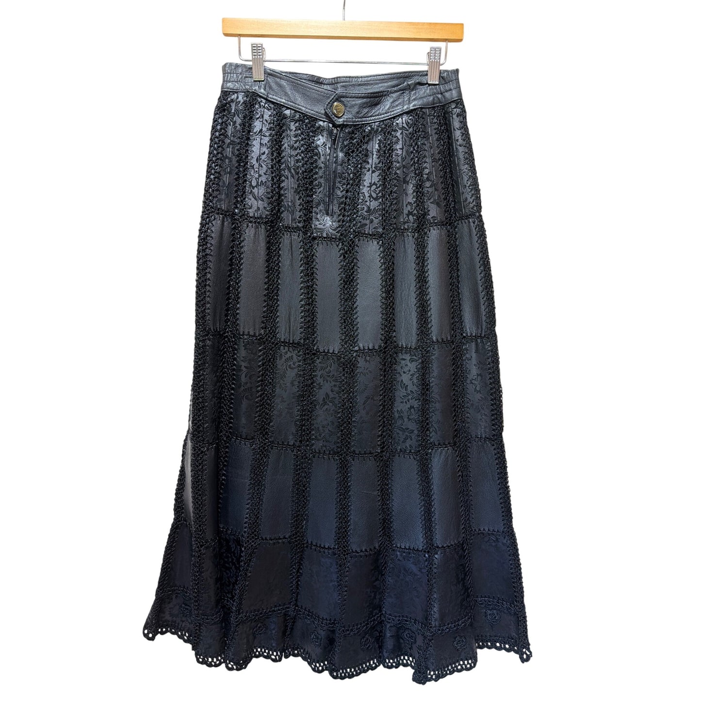 European Artisan Handcrafted Black Leather & Floral Crochet Lace Patchwork A-Line Vintage 80's Midi Skirt