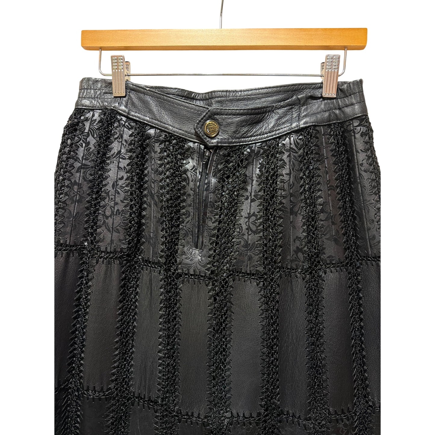 European Artisan Handcrafted Black Leather & Floral Crochet Lace Patchwork A-Line Vintage 80's Midi Skirt