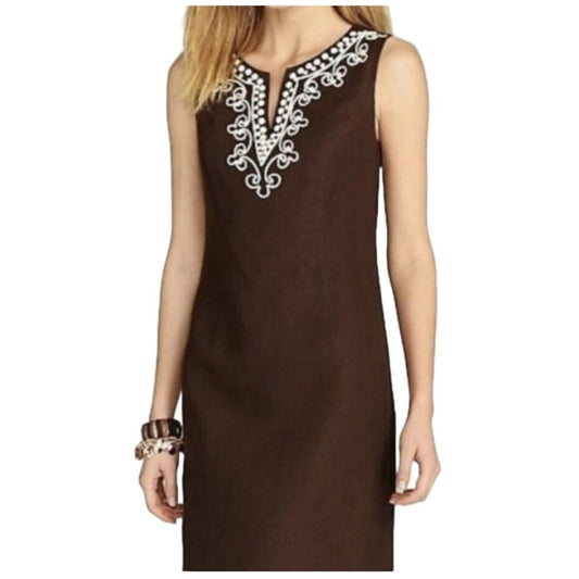 Talbots NWT Brown Linen with White Embroidery Sleeveless Shift Dress