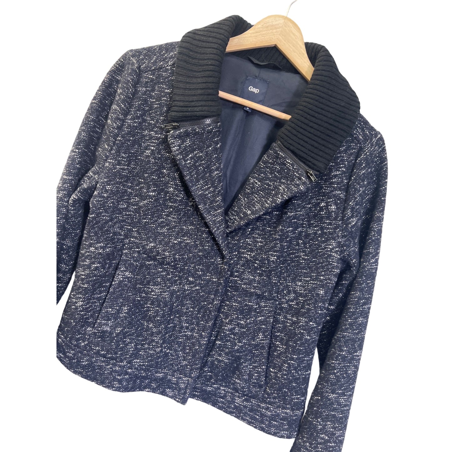 Gap Blue and Black Wool Blend Tweed Moto Jacket