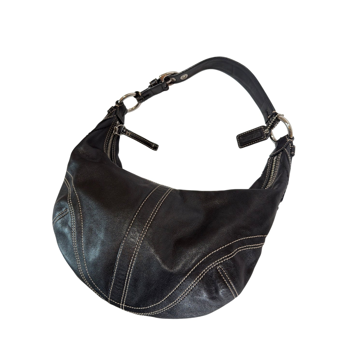 Coach Vintage Y2K Black Leather Soho Hobo Crescent Bag With White Contrast Stitch