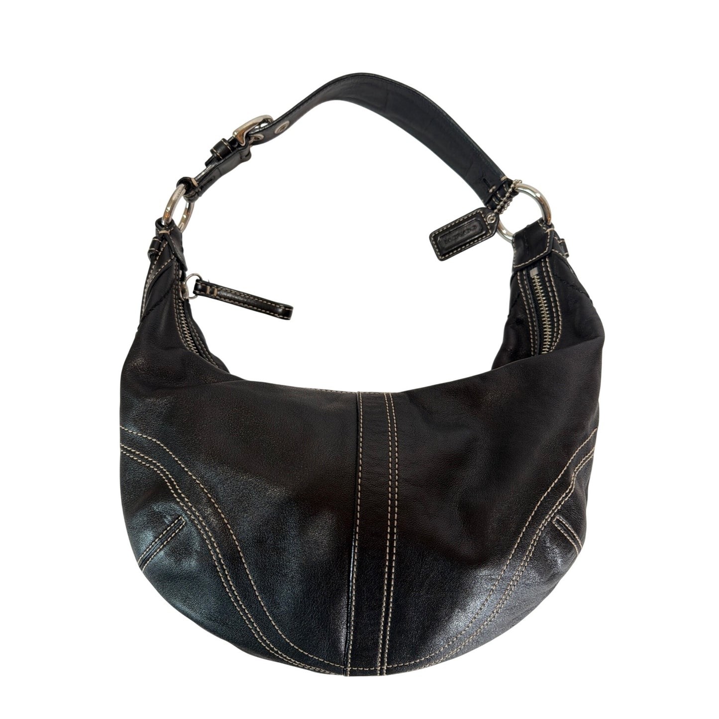 Coach Vintage Y2K Black Leather Soho Hobo Crescent Bag With White Contrast Stitch