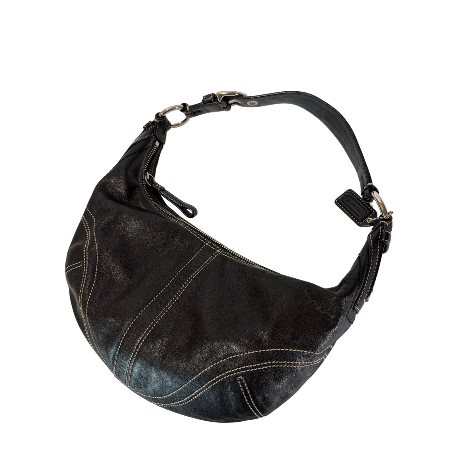 Coach Vintage Y2K Black Leather Soho Hobo Crescent Bag With White Contrast Stitch