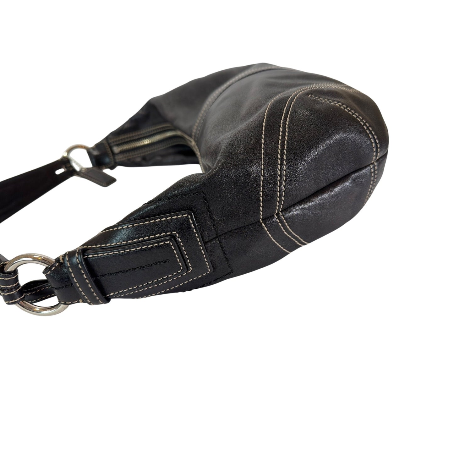 Coach Vintage Y2K Black Leather Soho Hobo Crescent Bag With White Contrast Stitch
