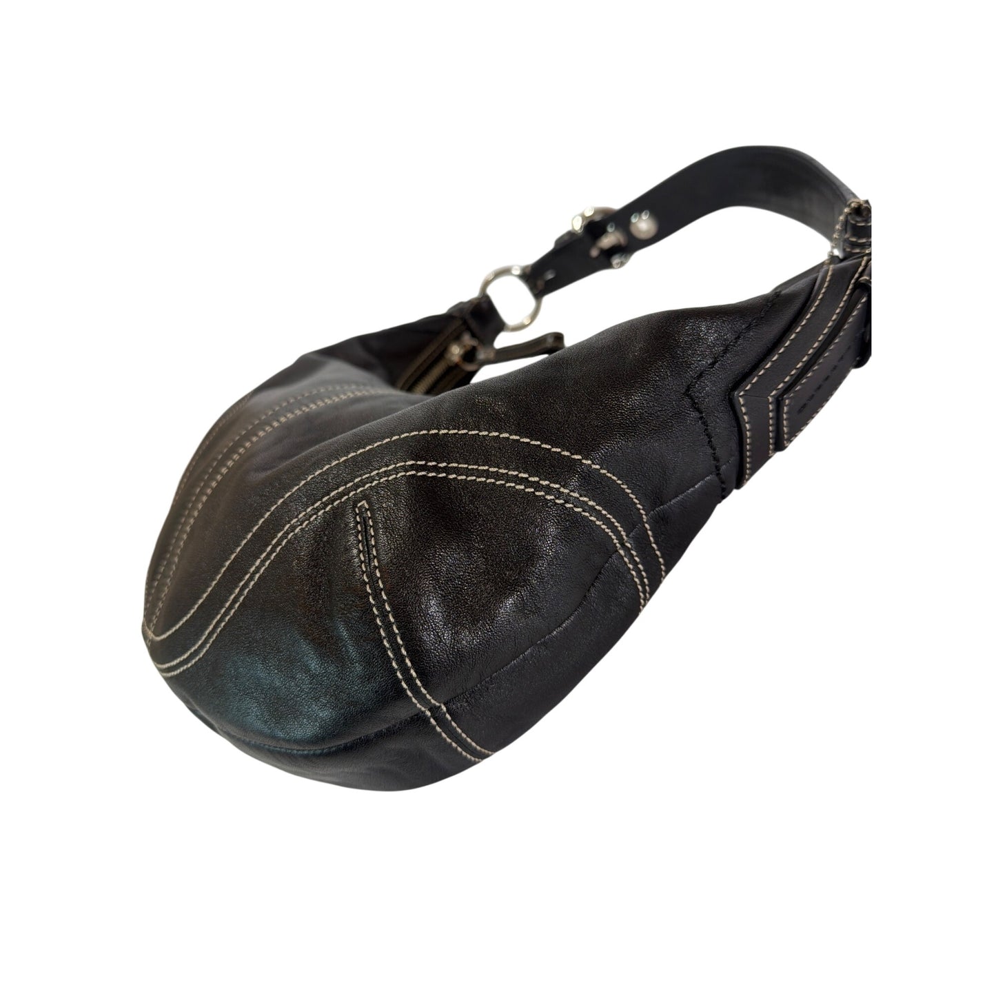 Coach Vintage Y2K Black Leather Soho Hobo Crescent Bag With White Contrast Stitch