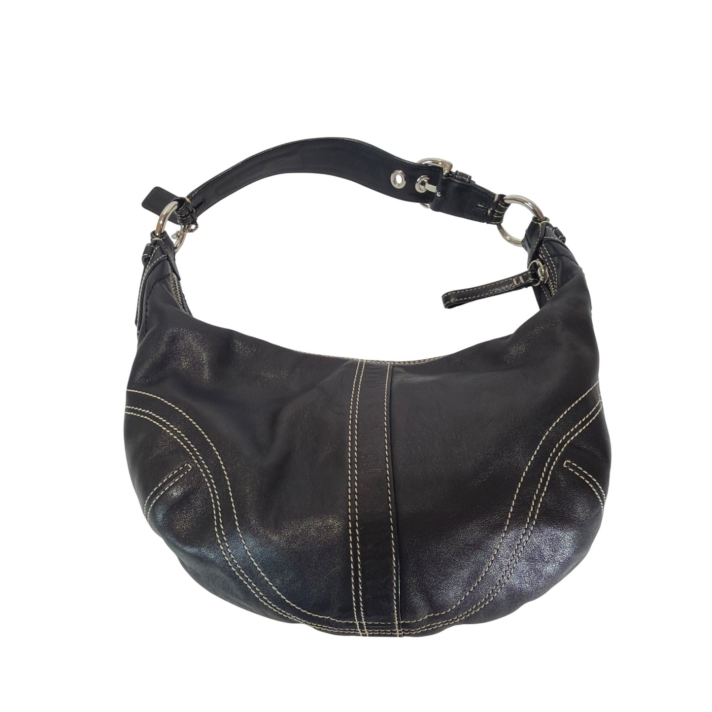 Coach Vintage Y2K Black Leather Soho Hobo Crescent Bag With White Contrast Stitch
