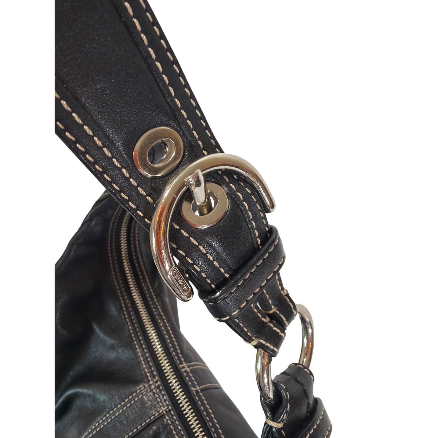 Coach Vintage Y2K Black Leather Soho Hobo Crescent Bag With White Contrast Stitch