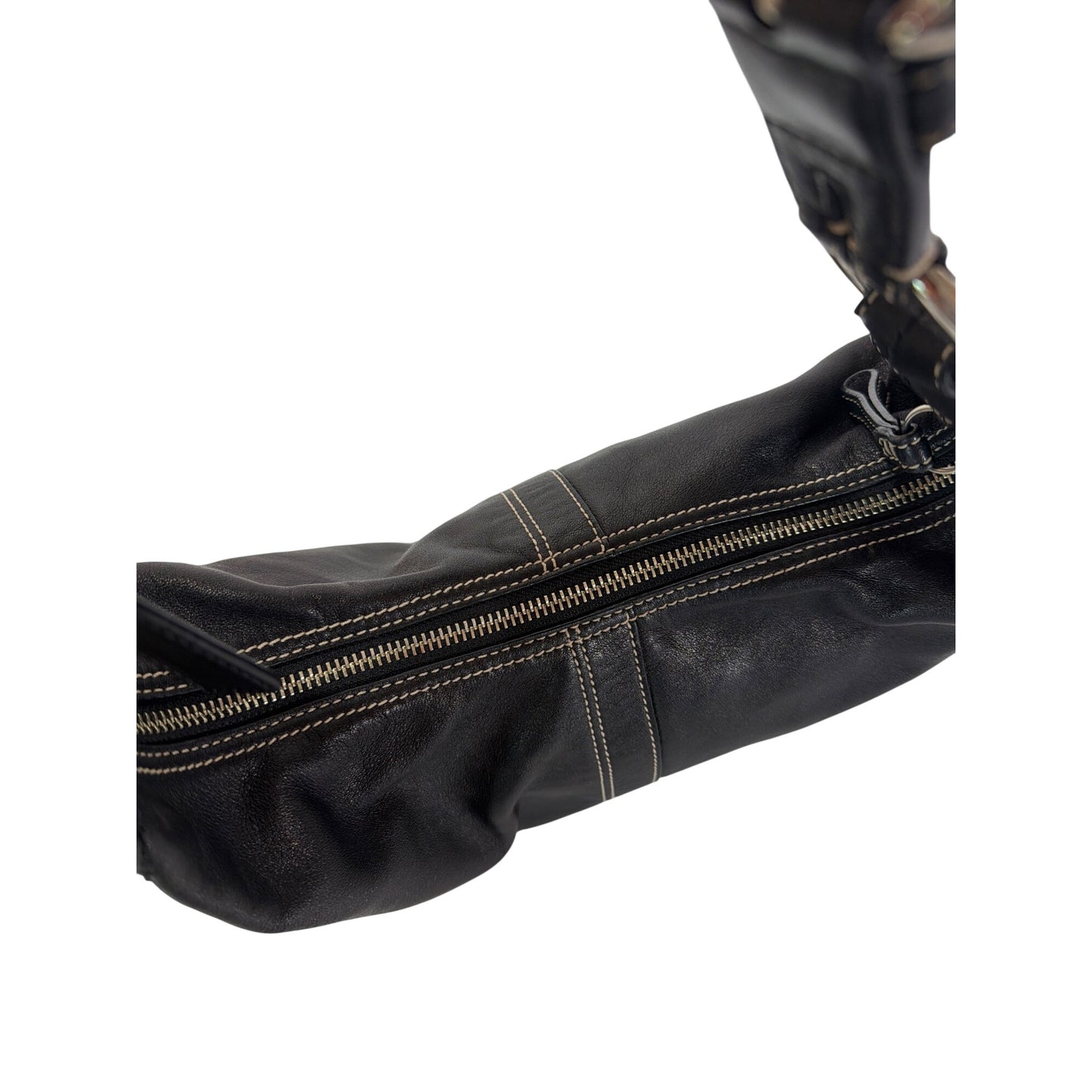 Coach Vintage Y2K Black Leather Soho Hobo Crescent Bag With White Contrast Stitch