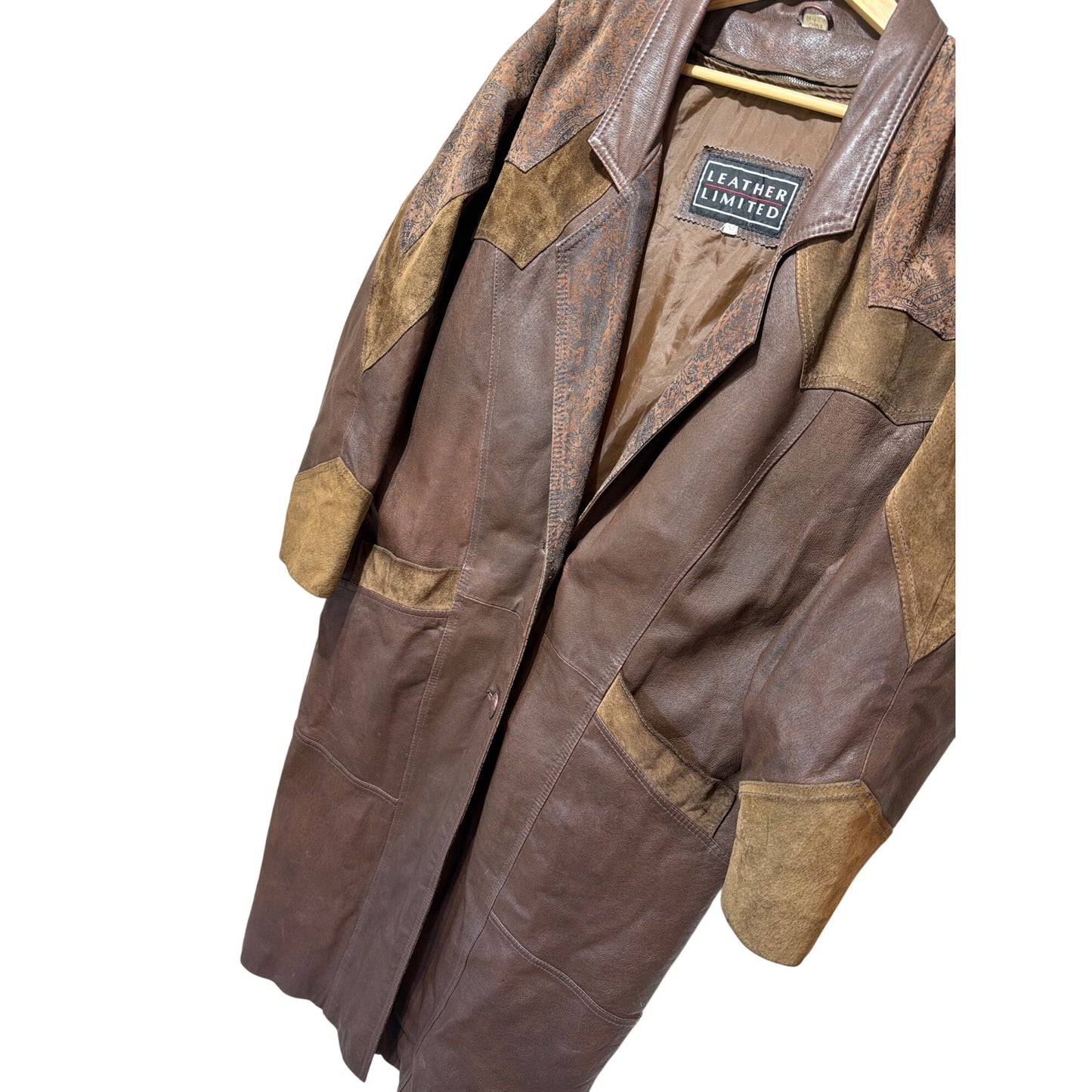 Leather Limited Western Style Long Brown Leather & Suede Coat Medium Size Vintage Look With Paisley Accents