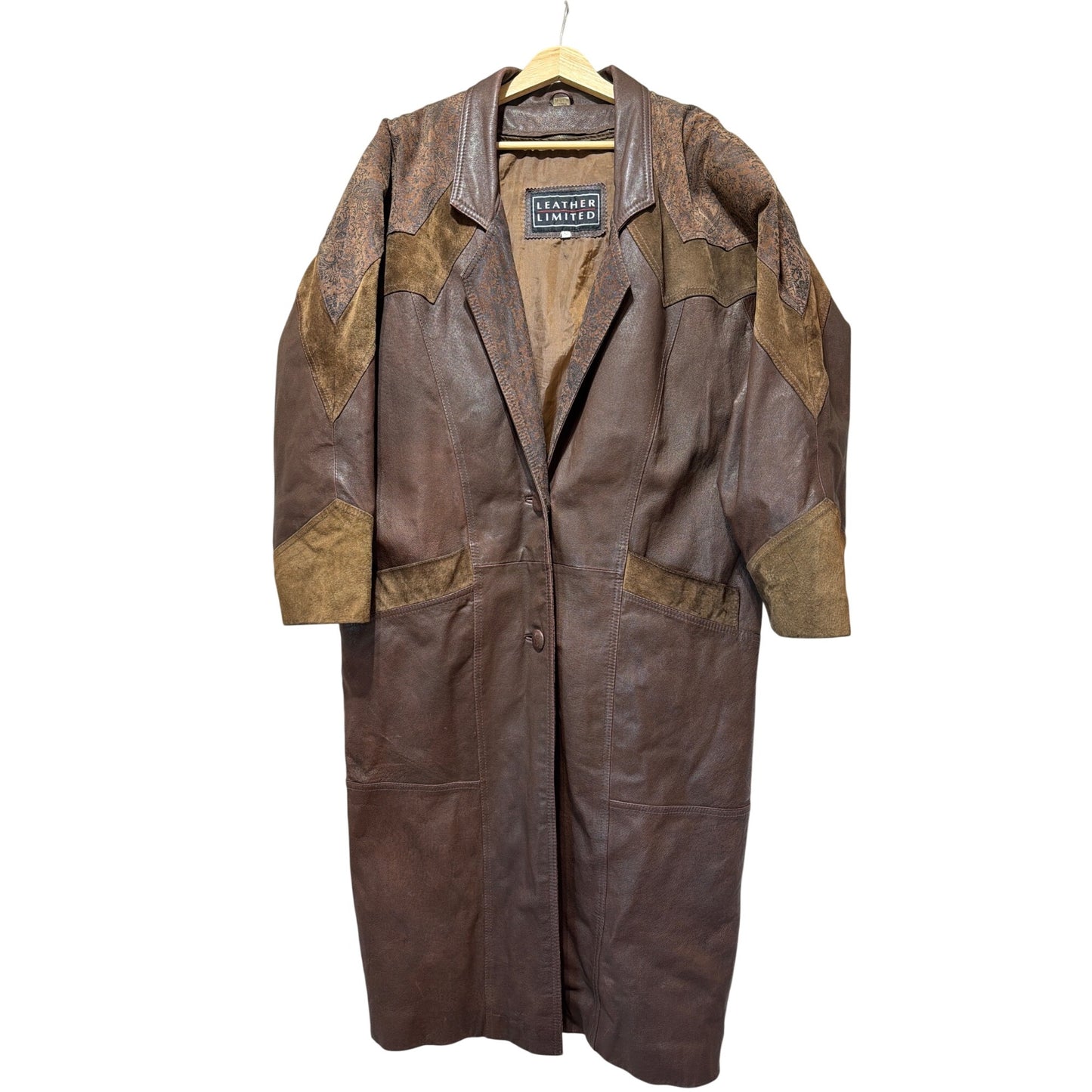 Leather Limited Western Style Long Brown Leather & Suede Coat Medium Size Vintage Look With Paisley Accents