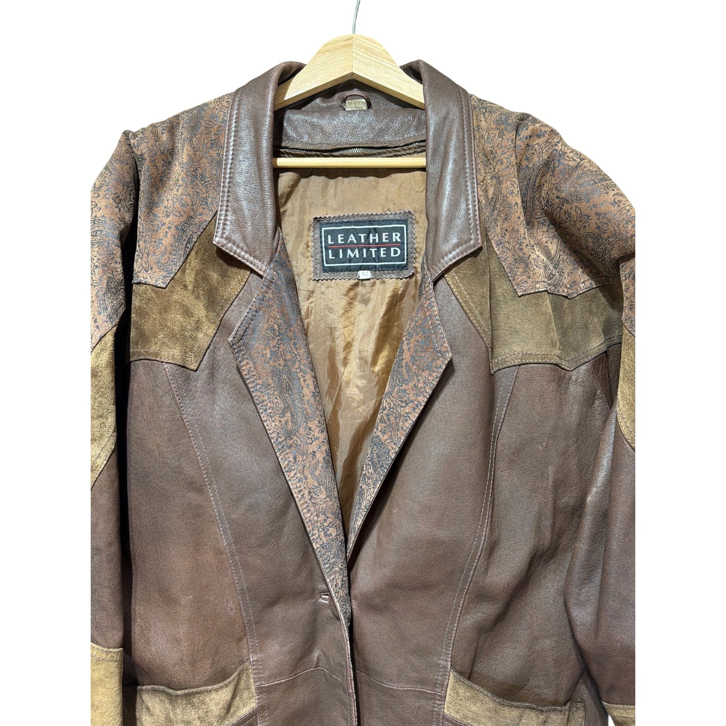 Leather Limited Western Style Long Brown Leather & Suede Coat Medium Size Vintage Look With Paisley Accents
