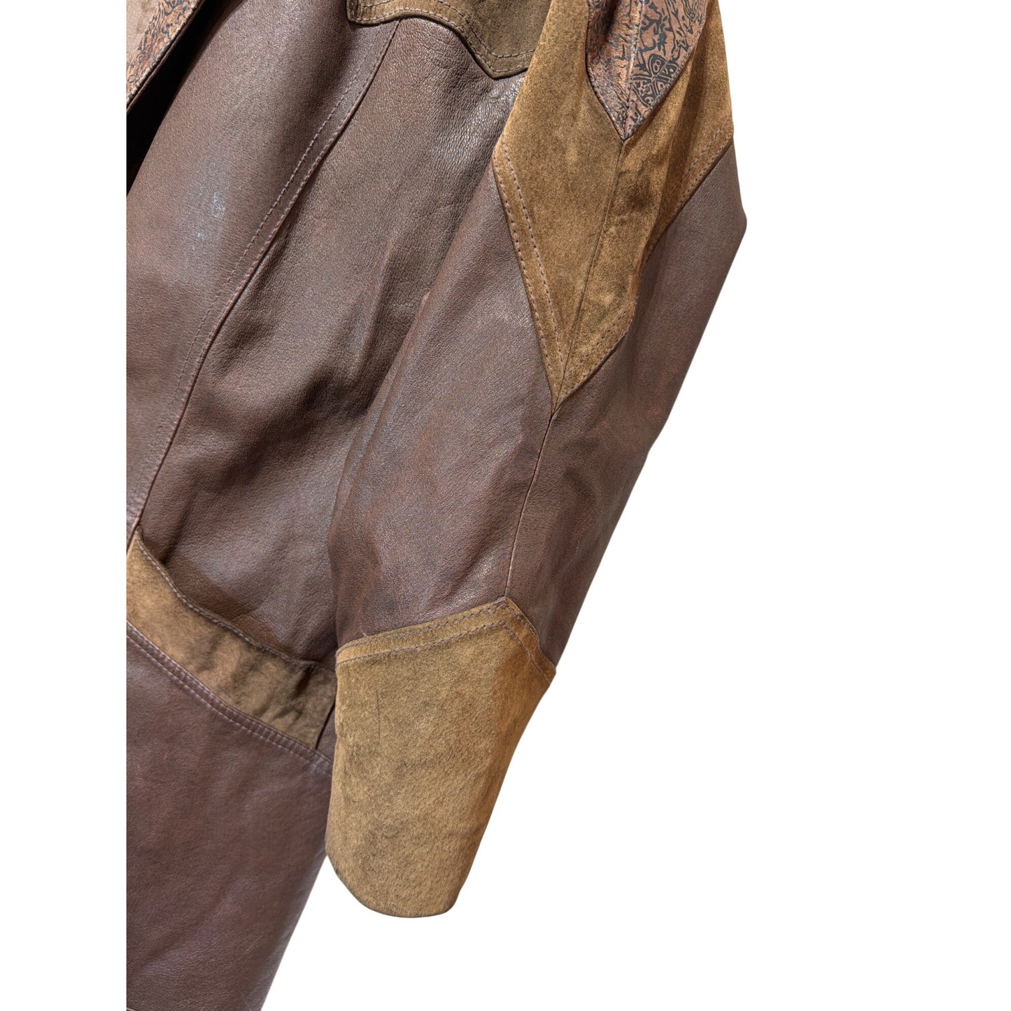 Leather Limited Western Style Long Brown Leather & Suede Coat Medium Size Vintage Look With Paisley Accents