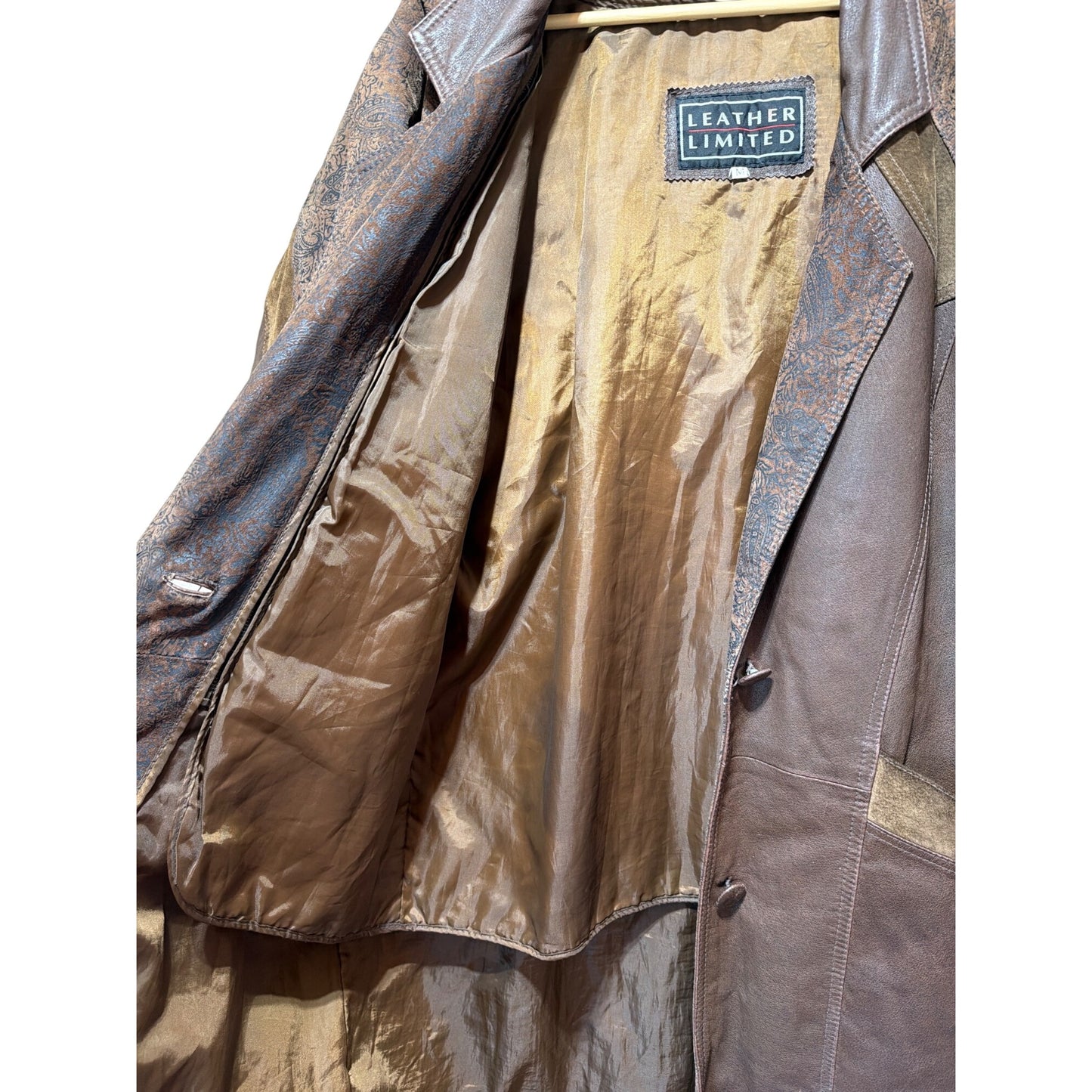 Leather Limited Western Style Long Brown Leather & Suede Coat Medium Size Vintage Look With Paisley Accents