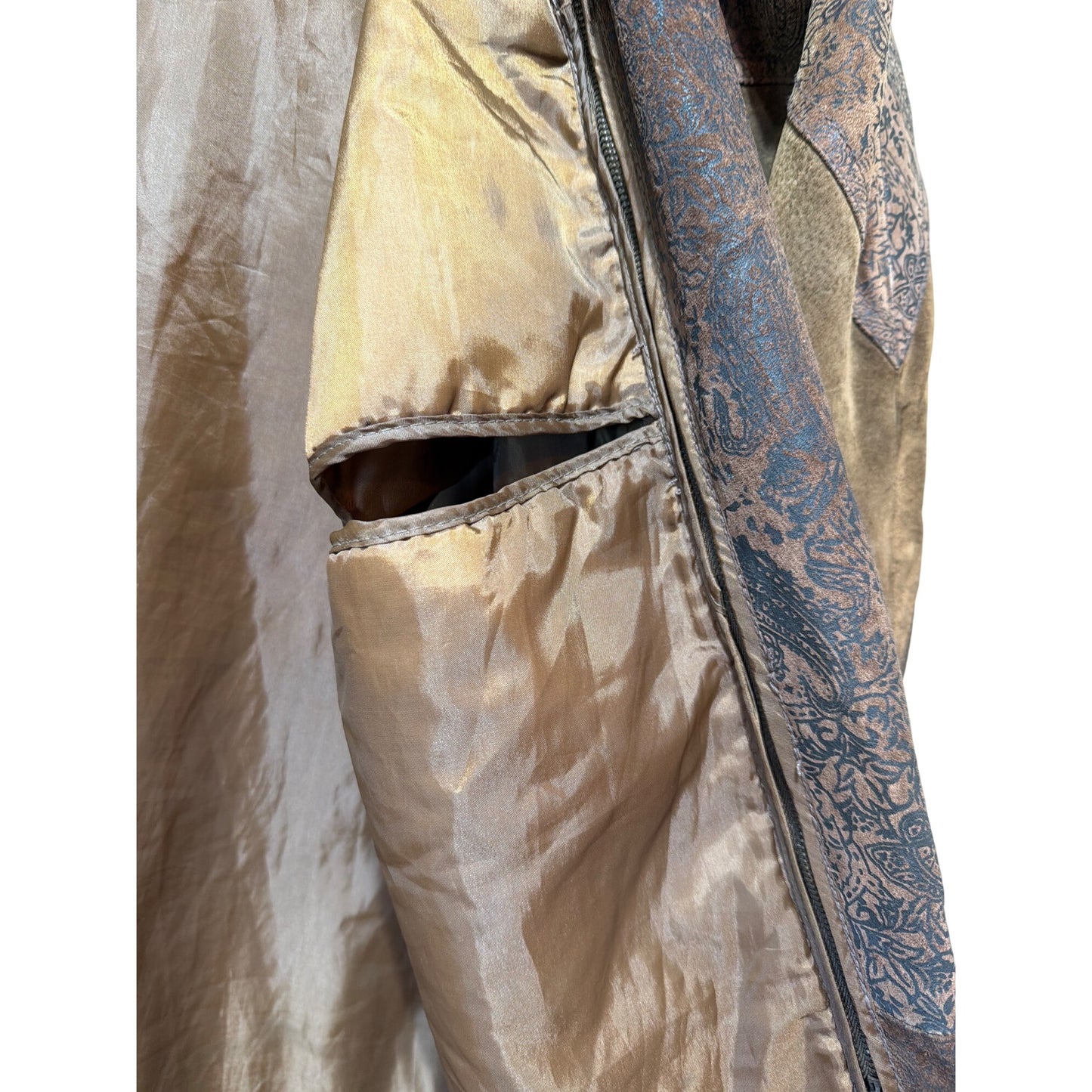 Leather Limited Western Style Long Brown Leather & Suede Coat Medium Size Vintage Look With Paisley Accents
