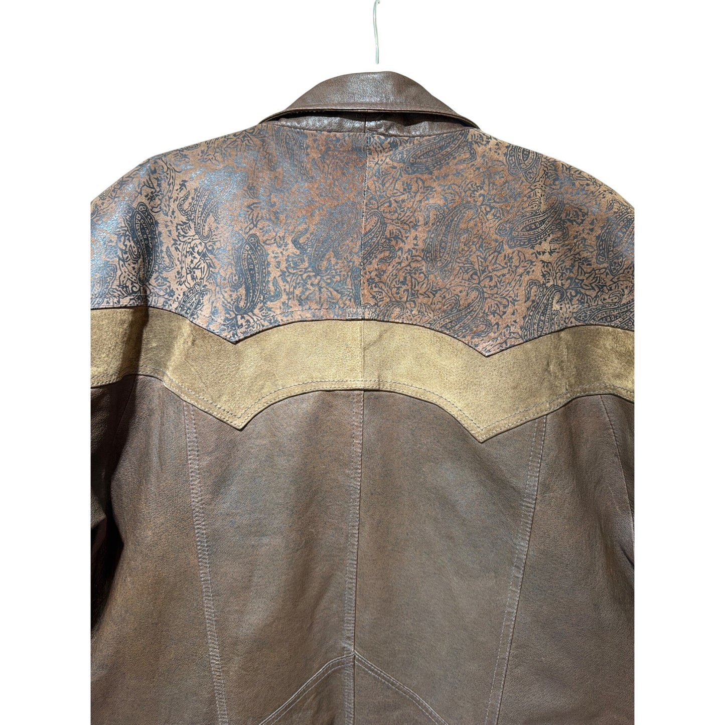 Leather Limited Western Style Long Brown Leather & Suede Coat Medium Size Vintage Look With Paisley Accents