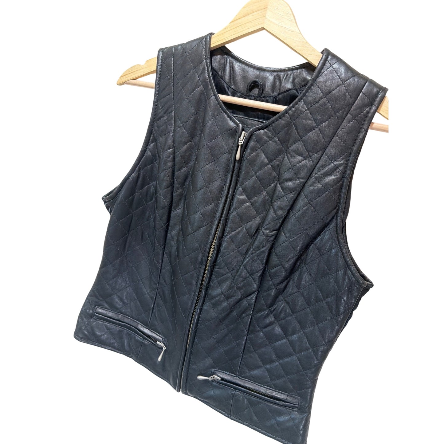 The Limited Vintage 90s Quilted Black Leather Zip-Up Vest With Front Pockets Size Small