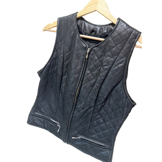 The Limited Vintage 90s Quilted Black Leather Zip-Up Vest With Front Pockets Size Small