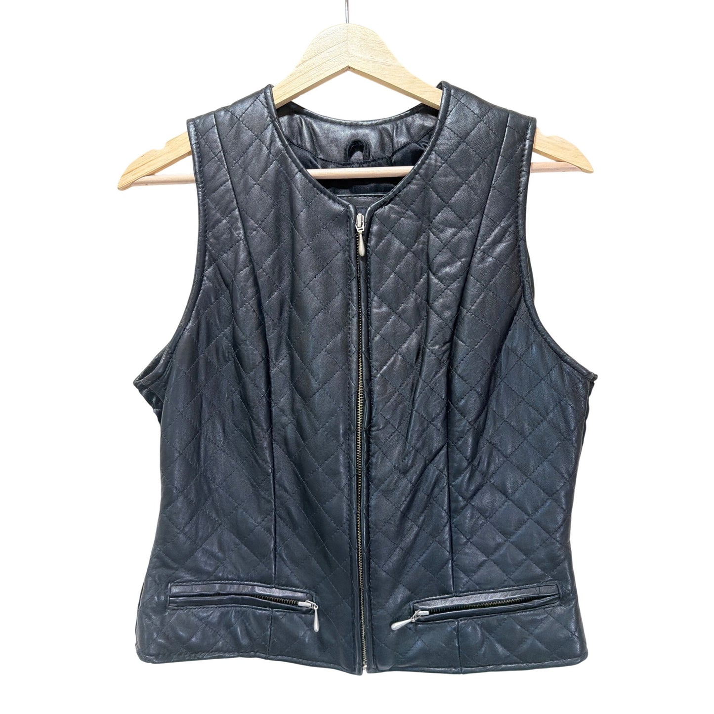 The Limited Vintage 90s Quilted Black Leather Zip-Up Vest With Front Pockets Size Small