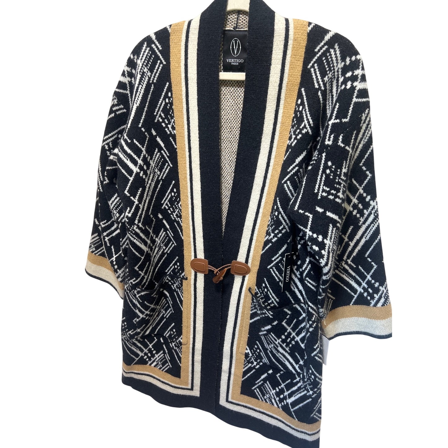 NWT Vertigo Paris XL Geometric Knit Kimono Style Cardigan Open Front Colorblock Design Toggle Closure Black/White/Beige