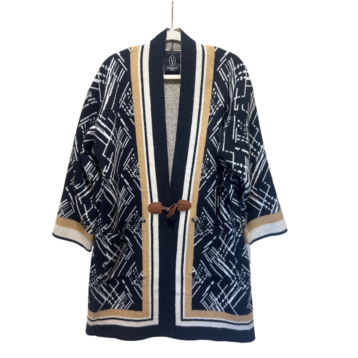 NWT Vertigo Paris XL Geometric Knit Kimono Style Cardigan Open Front Colorblock Design Toggle Closure Black/White/Beige