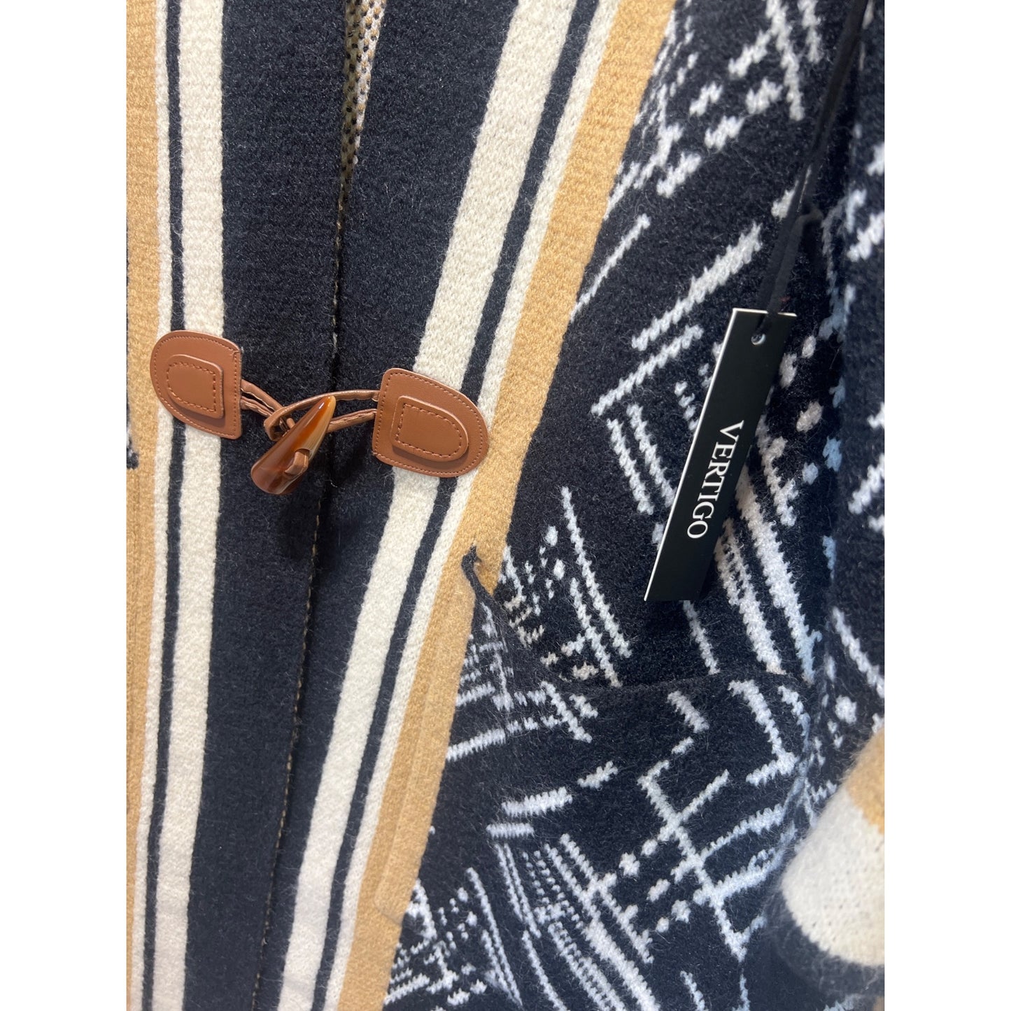 NWT Vertigo Paris XL Geometric Knit Kimono Style Cardigan Open Front Colorblock Design Toggle Closure Black/White/Beige