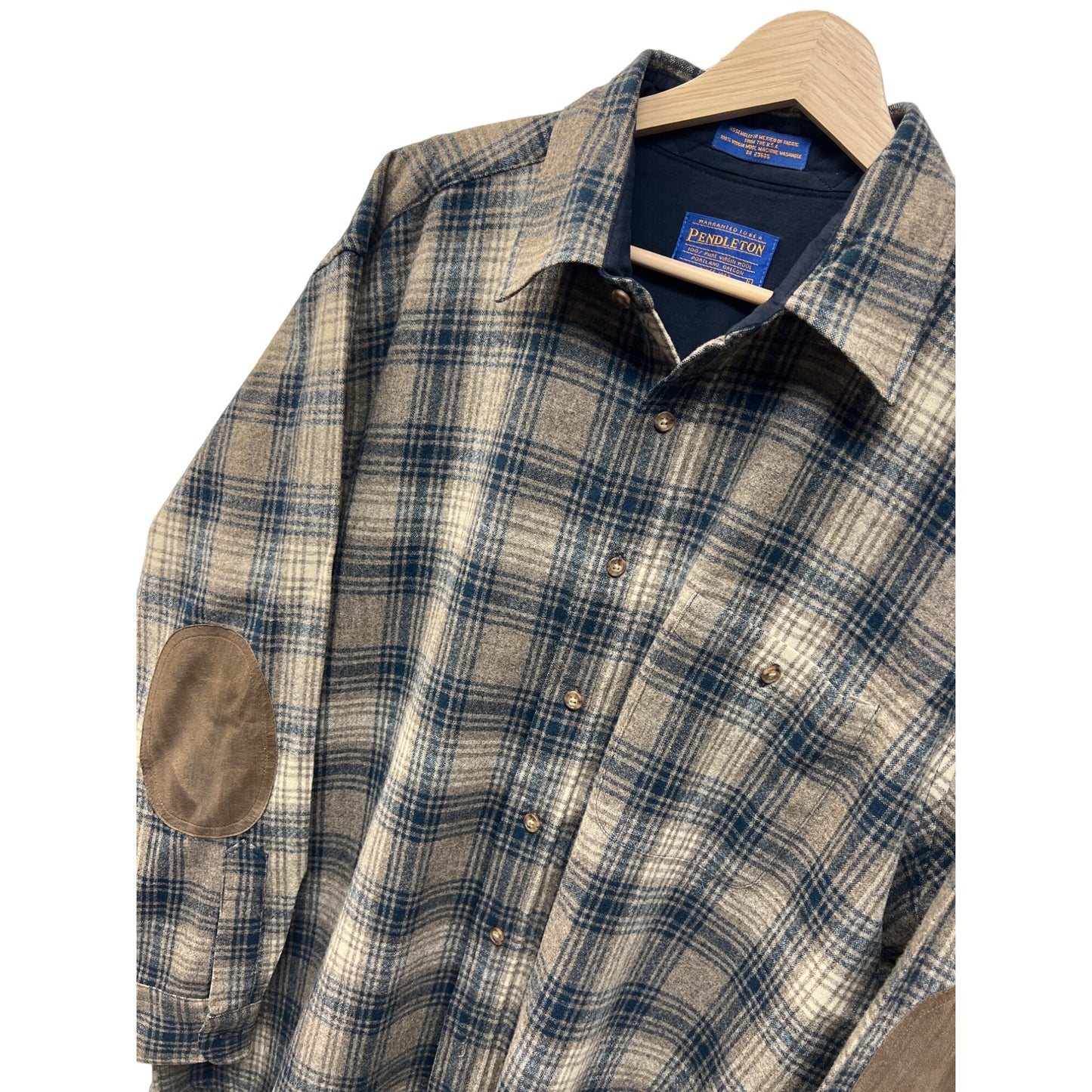 Pendleton Vintage Blue and Tan Wool Flannel Board Shirt with Elbow Patches