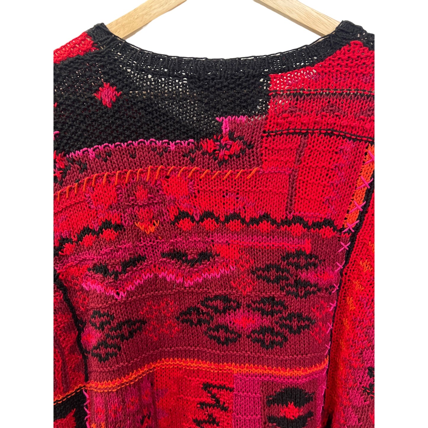 David Brooks Hand Knit Red and Black Geometric Desing Cardigan Sweater