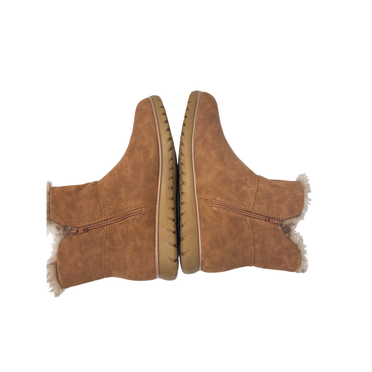 London Fog Wendyl Zip Up Tan Suede Leather Cream Sherpa Winter Booties