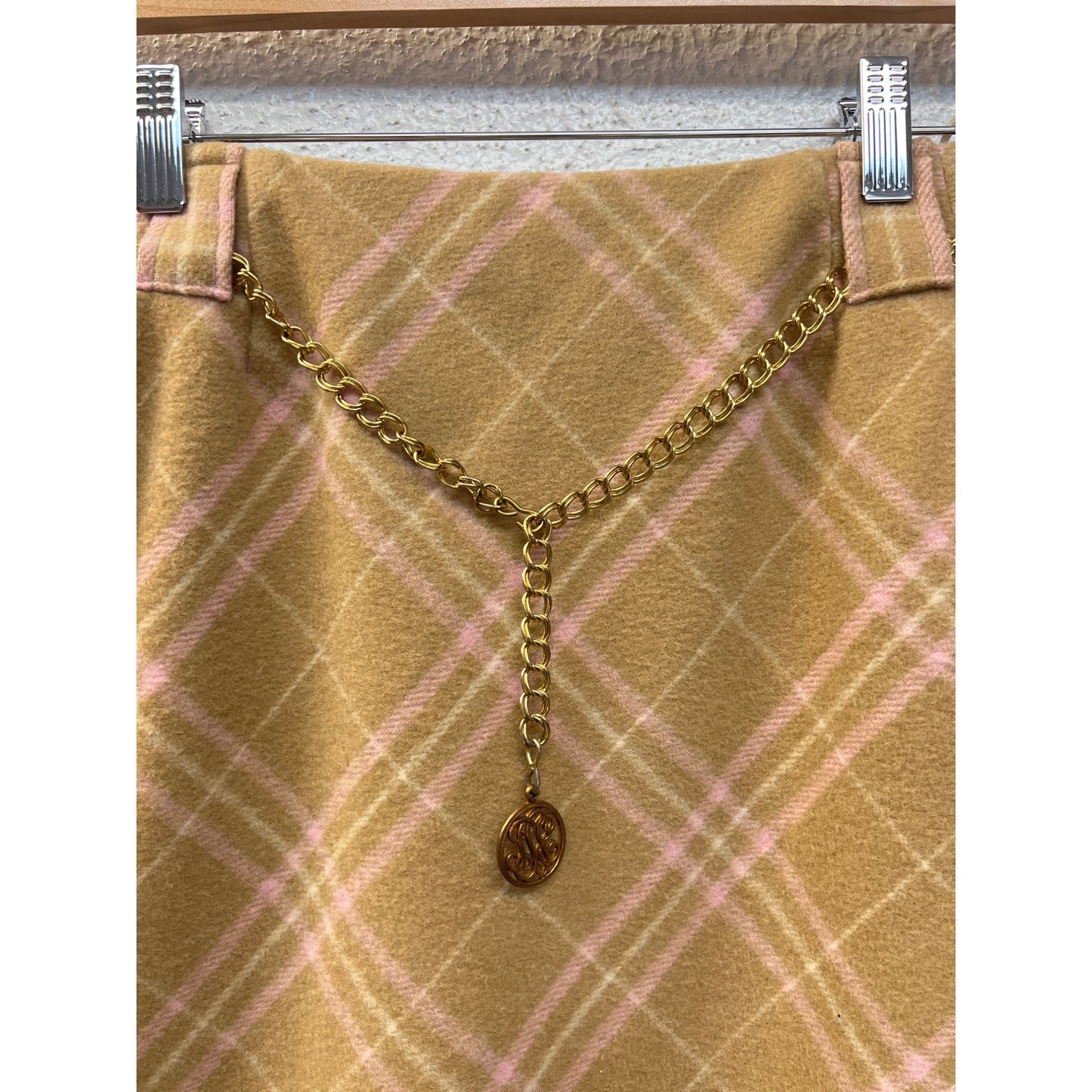 Bobbie Brooks Vintage 60's Tan & Pink Plaid Wool Skirt with Gold Chain Belt