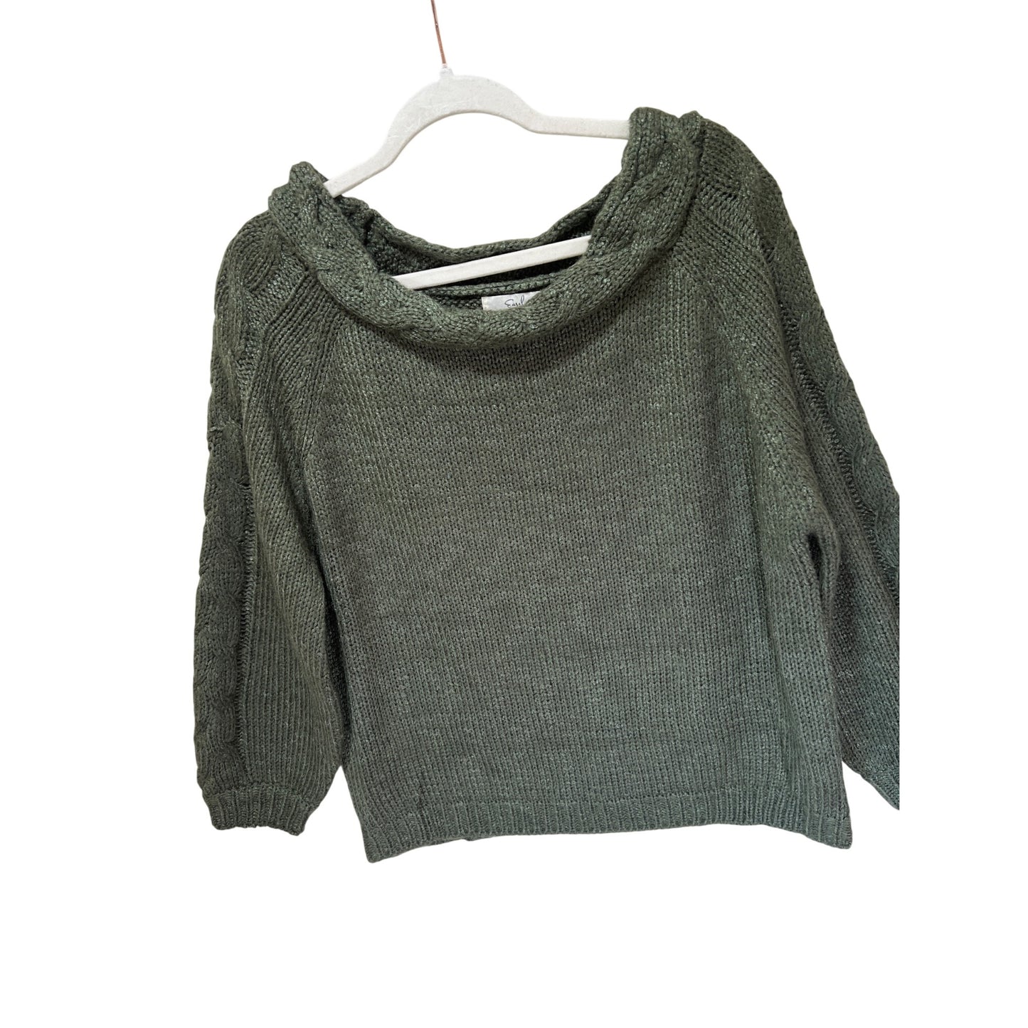 Easel Womens Green Cable Knit Sweater Size Small 100% Acrylic Cozy Pullover With Braided Neckline & Sleeves