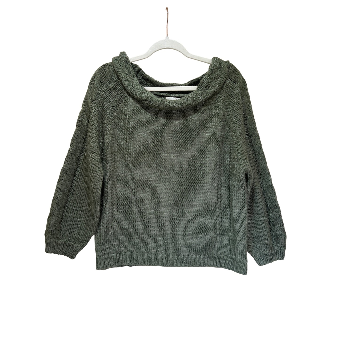 Easel Womens Green Cable Knit Sweater Size Small 100% Acrylic Cozy Pullover With Braided Neckline & Sleeves
