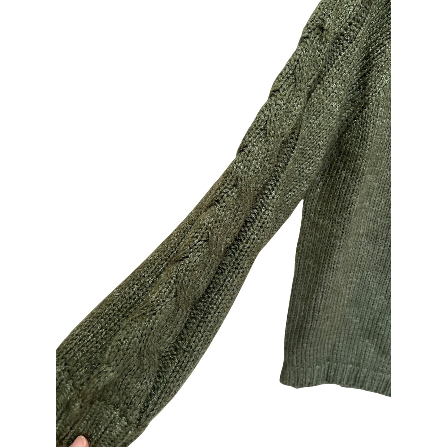Easel Womens Green Cable Knit Sweater Size Small 100% Acrylic Cozy Pullover With Braided Neckline & Sleeves