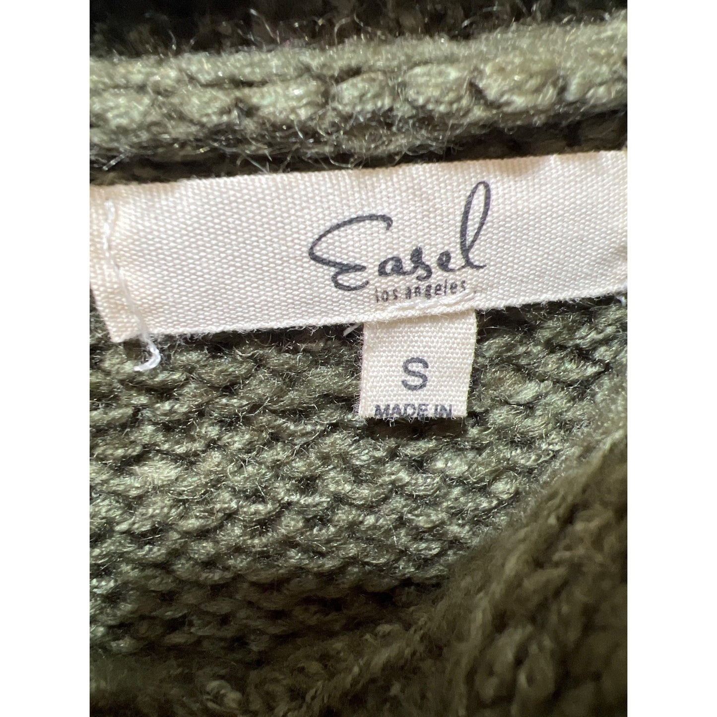 Easel Womens Green Cable Knit Sweater Size Small 100% Acrylic Cozy Pullover With Braided Neckline & Sleeves