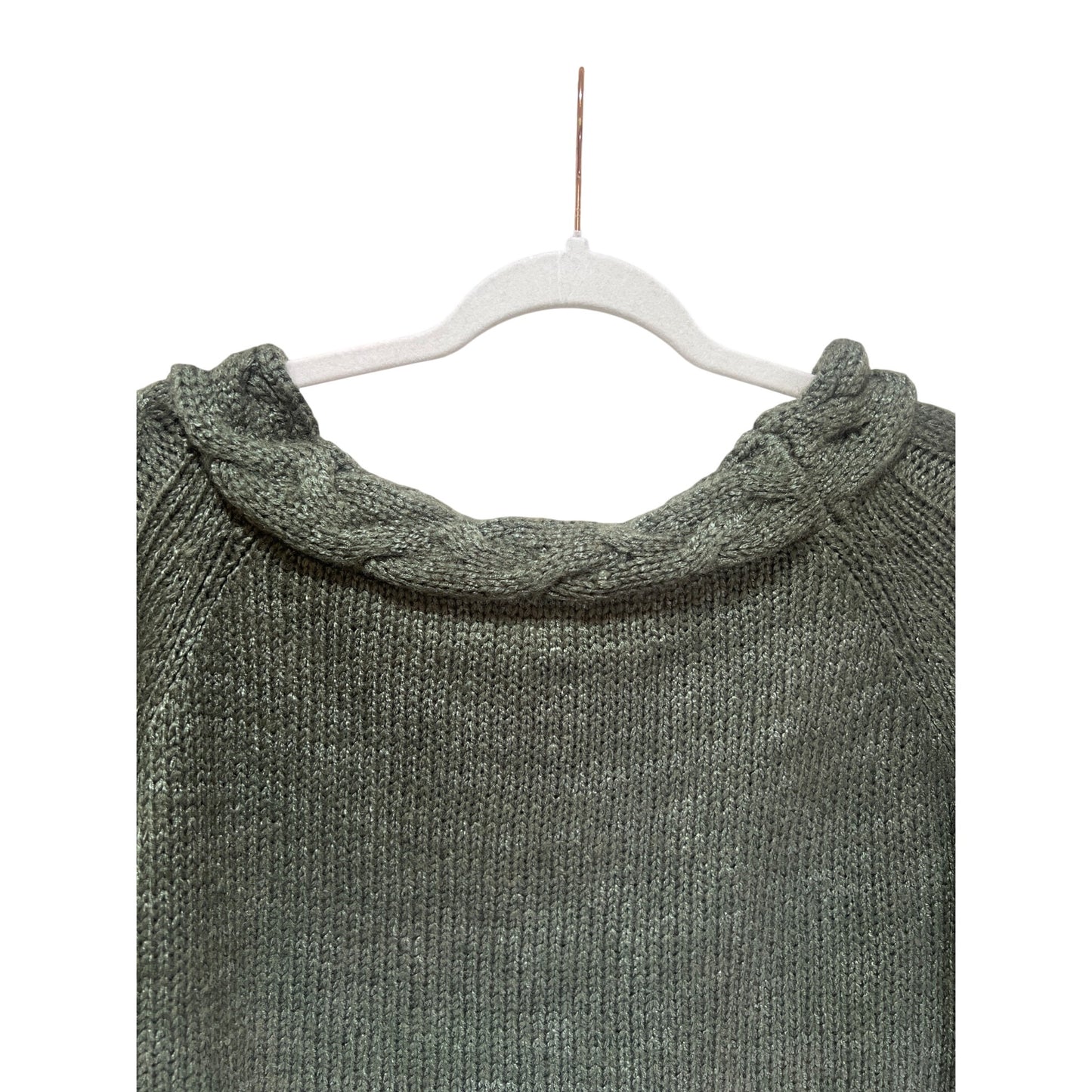 Easel Womens Green Cable Knit Sweater Size Small 100% Acrylic Cozy Pullover With Braided Neckline & Sleeves