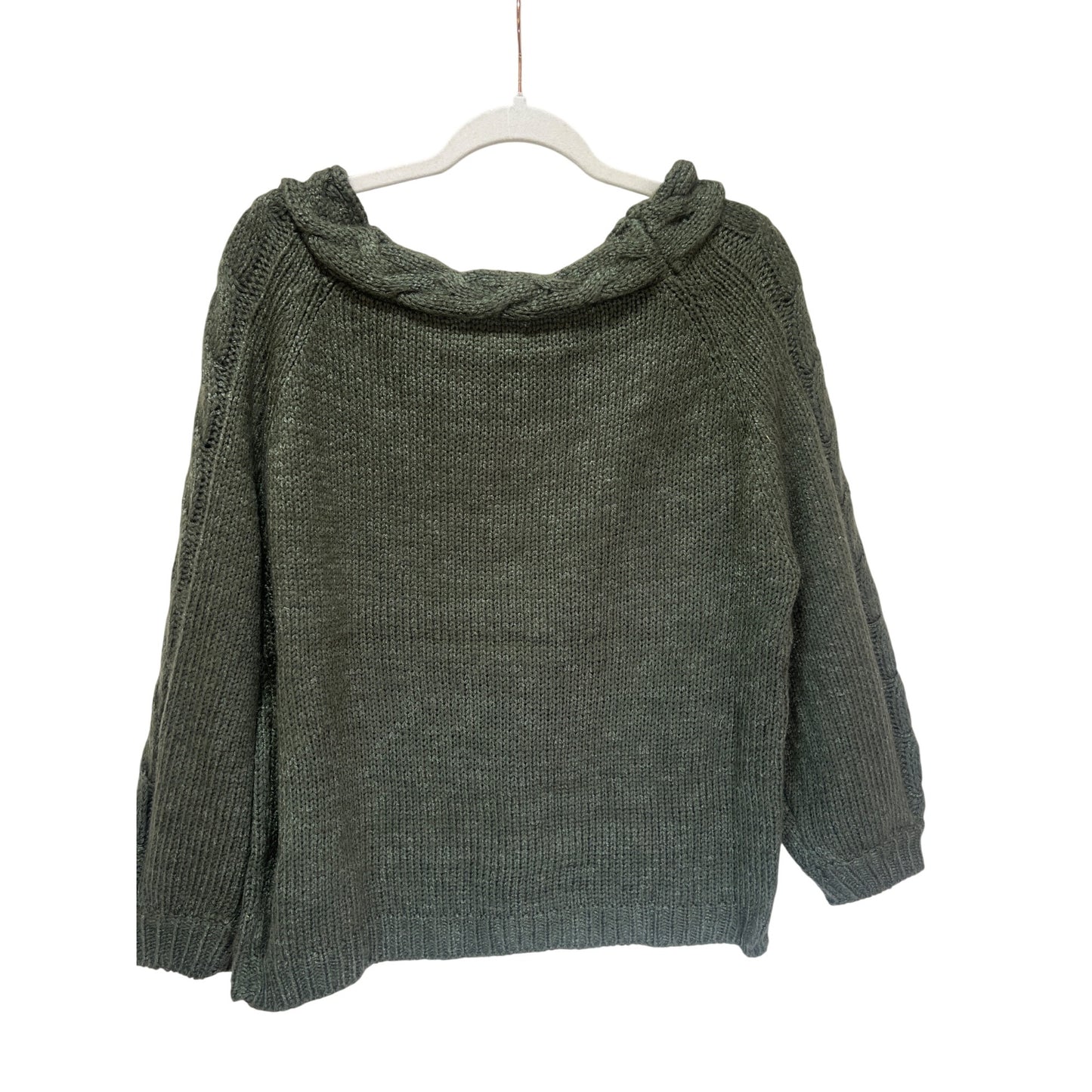 Easel Womens Green Cable Knit Sweater Size Small 100% Acrylic Cozy Pullover With Braided Neckline & Sleeves