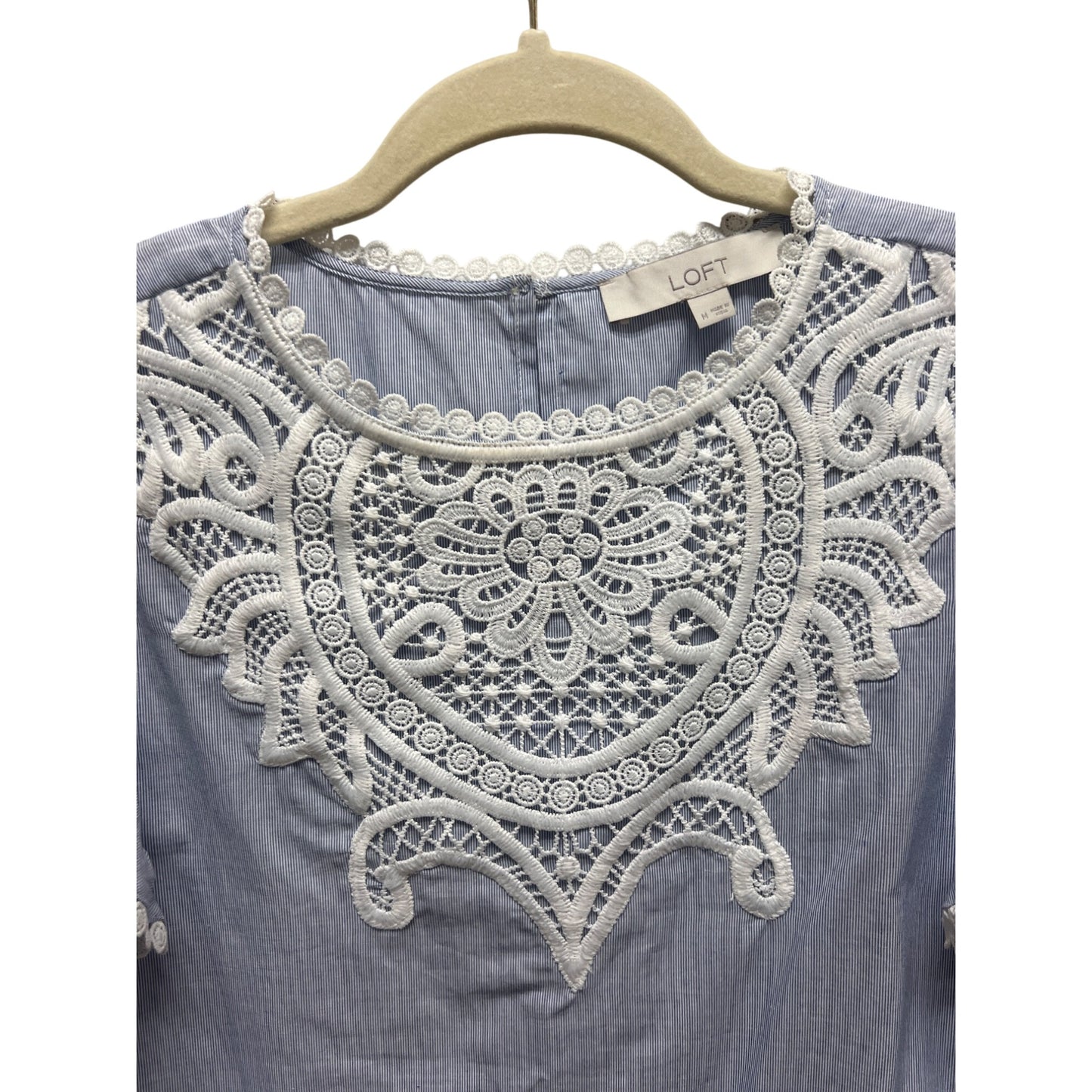 Ann Taylor LOFT Light Blue with White Lace Chambray Ruffle Sleeve Blouse