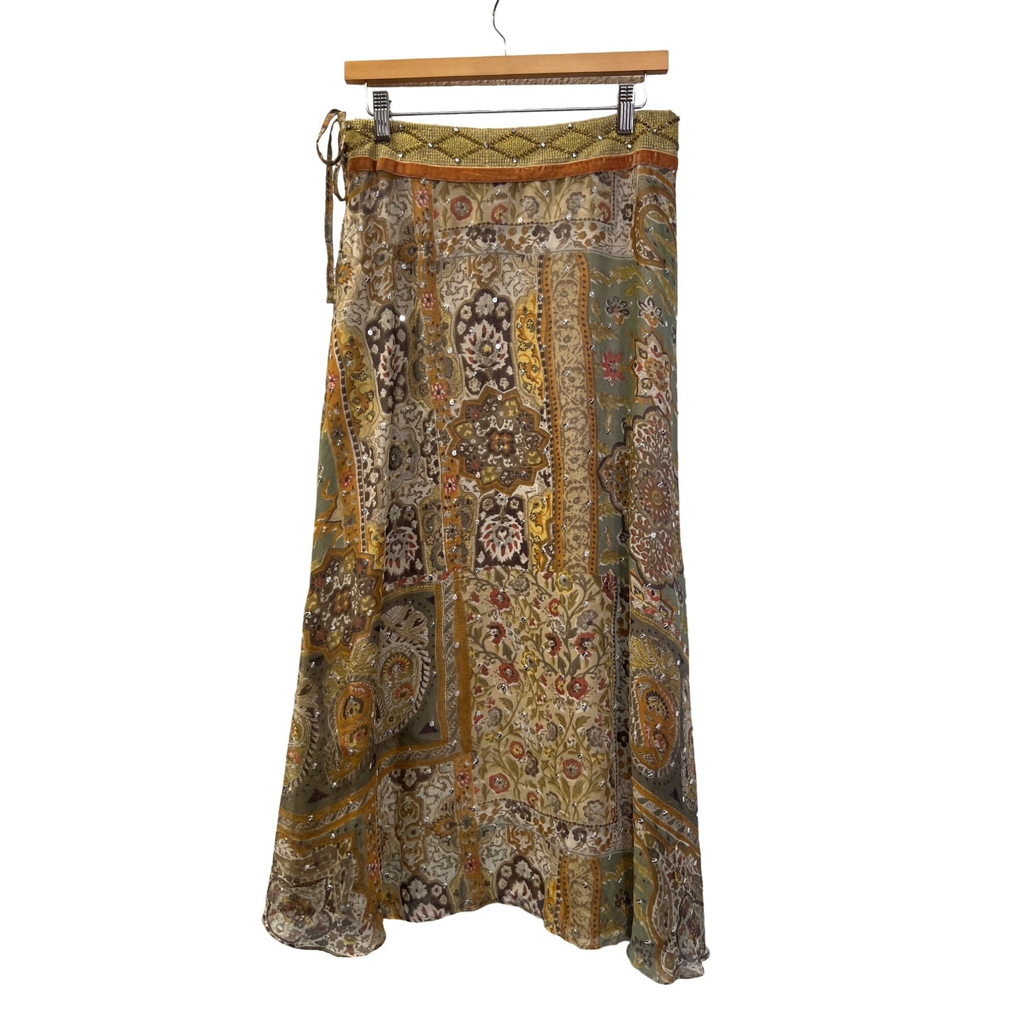 WD-NY Vintage 90's Floral Boho Hippie Silk Beaded Midi Skirt