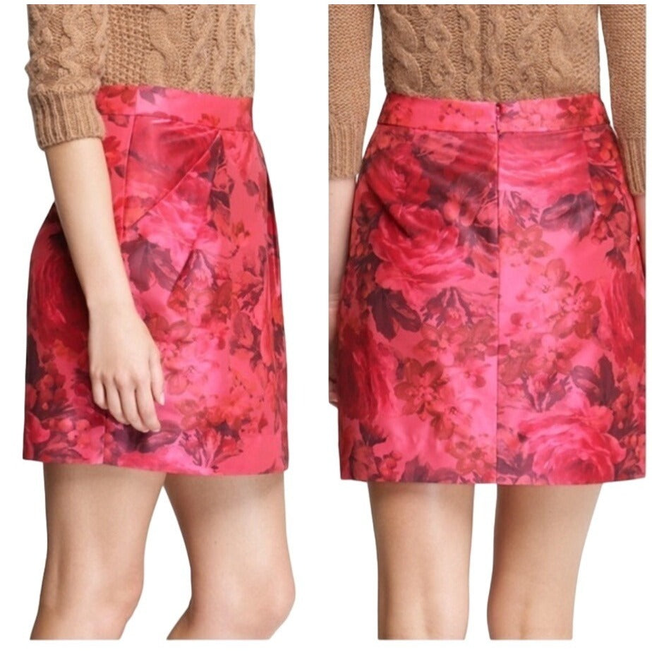 J. Crew Red Floral Satin Origami Peony Floral Mini Skirt with Pockets