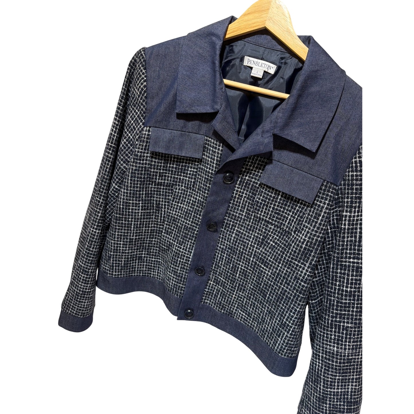 Pendleton Wool Blend Tweed & Denim Chambray Jacket Button-Front Mixed Media Design Womens Large Blue & White