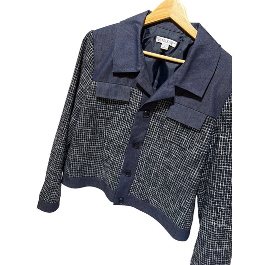 Pendleton Wool Blend Tweed & Denim Chambray Jacket Button-Front Mixed Media Design Womens Large Blue & White