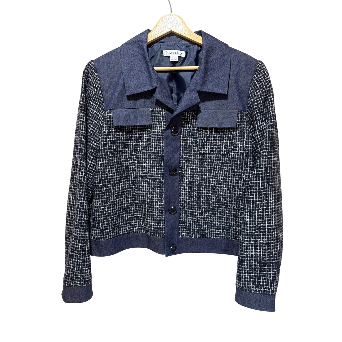 Pendleton Wool Blend Tweed & Denim Chambray Jacket Button-Front Mixed Media Design Womens Large Blue & White